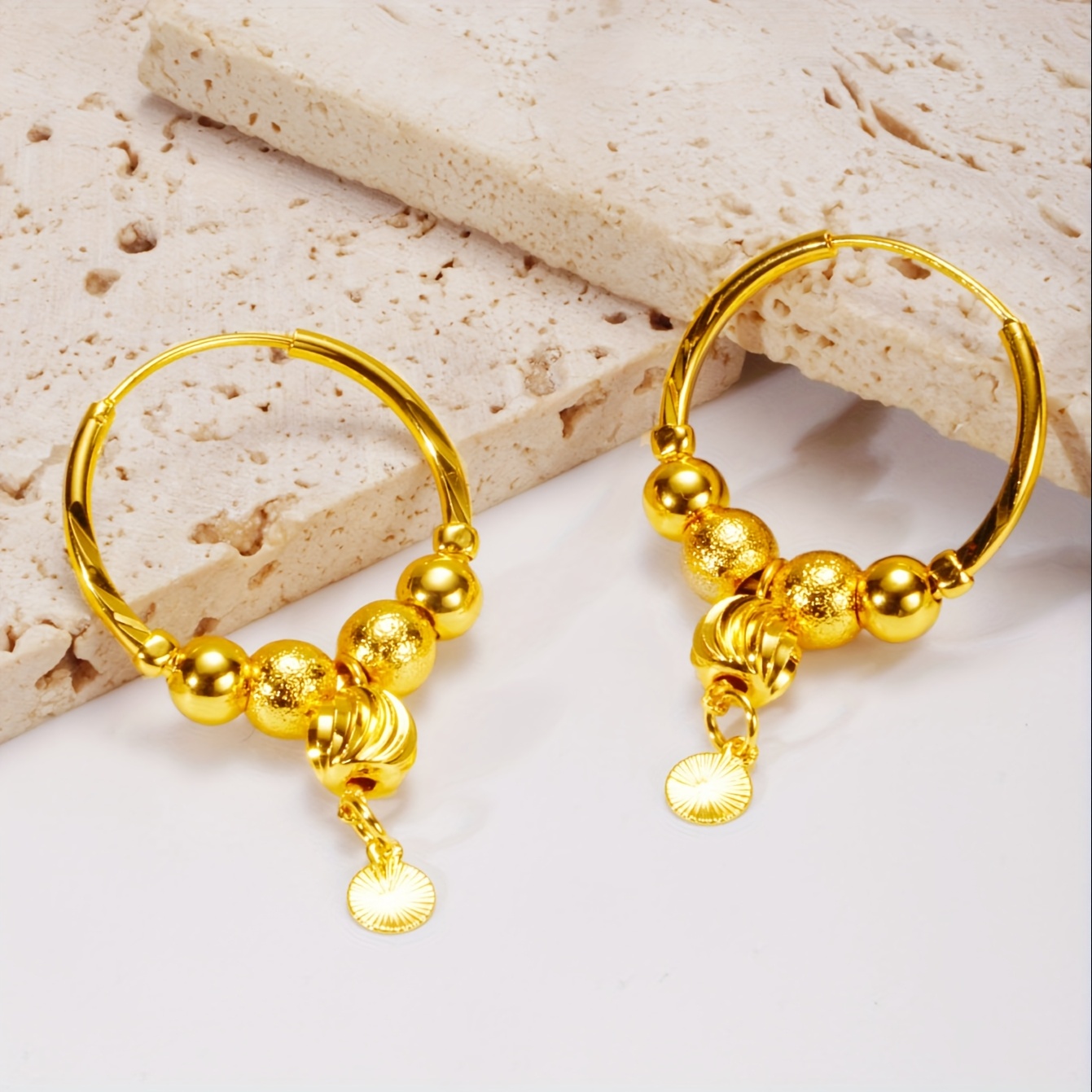 24K Plated Hoop Earrings with Pendant & Style Copper Material